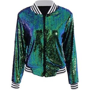 Blue & Green Sequin Bomber Jacket with Striped Ribbed Cuffs